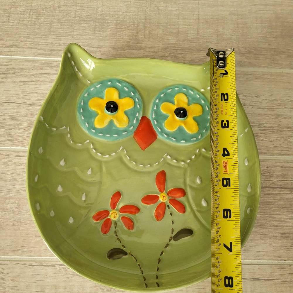 Cracker Barrel Green Owl Platter Dish Plate Decor Whimsical Floral Ceramic - Picture 6 of 10